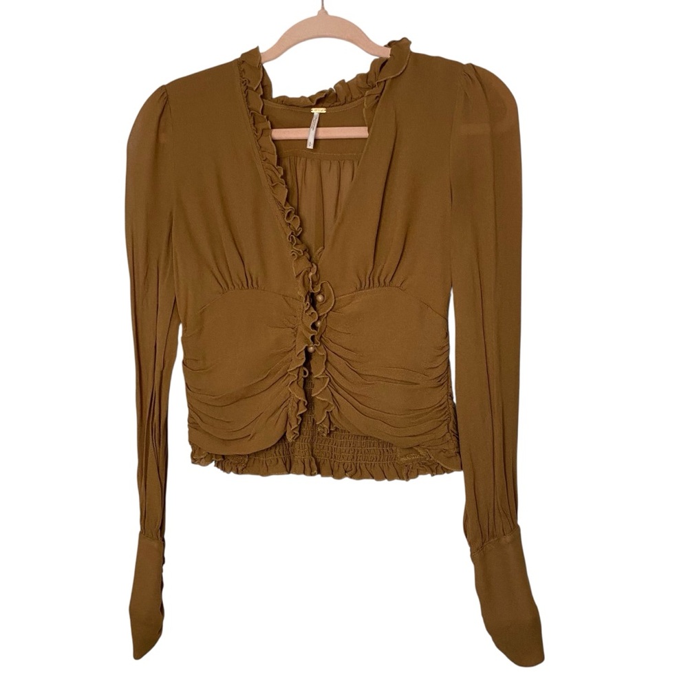 Free People Brown Ruched Ruffled Blouse
